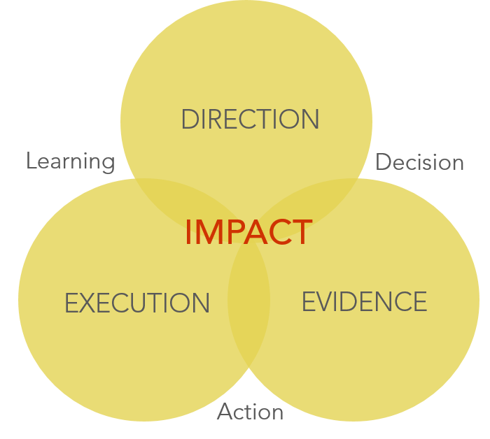 Venn diagram of Direction, Evidence, Execution, with intersections of Decision, Action, Learning