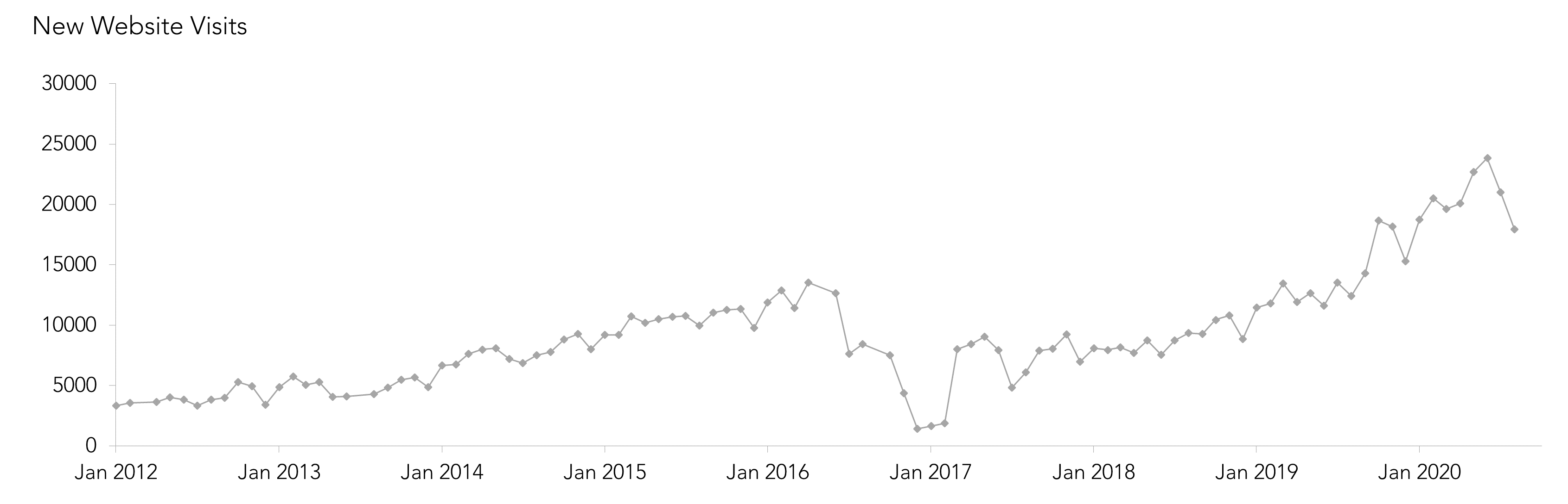 Simple line chart of the New Website Visits performance measure