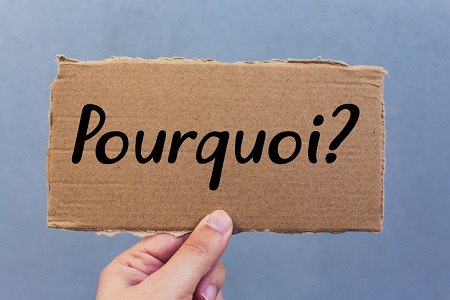Hand holding up cardboard sign asking the question Pourquoi. Credit: https://www.istockphoto.com/portfolio/jk_stock